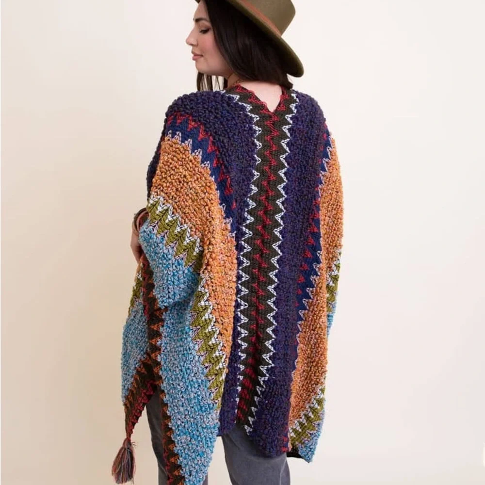 Colorful Crochet Patterned Ruana in Indigo - Picture 11 of 14